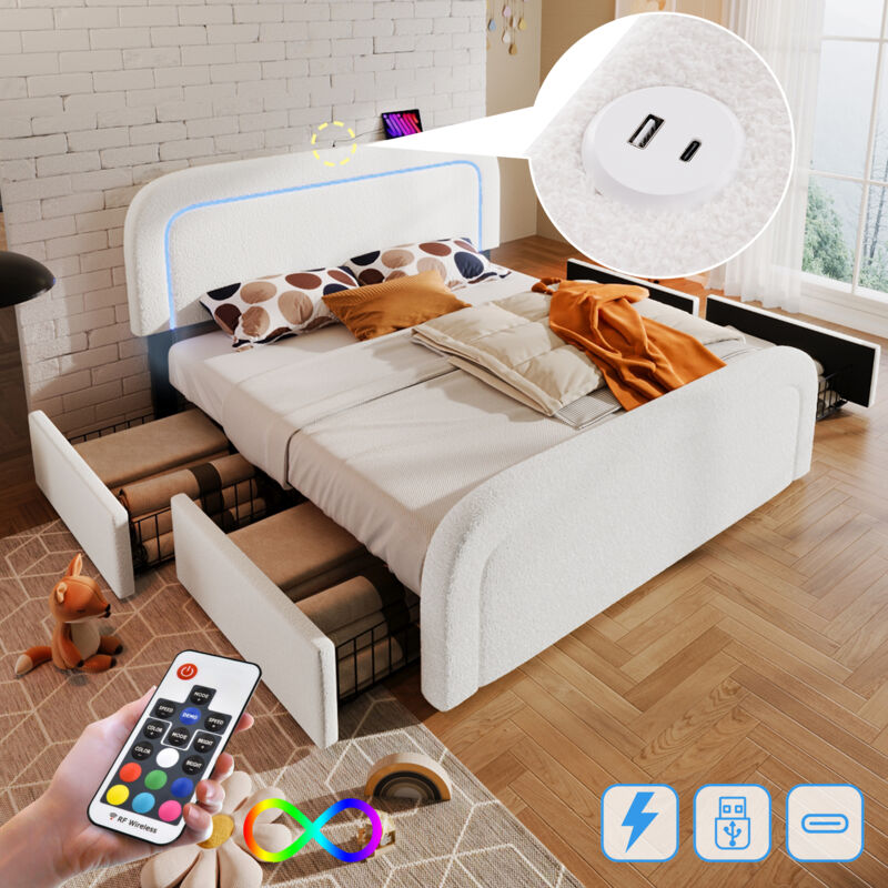 foto del prodotto vidaxl letto 140x200 cm con cassetti, letto a led per adulti, letto imbottito con funzione di ricarica usb type c e 4 cassetti, bianco, senza
