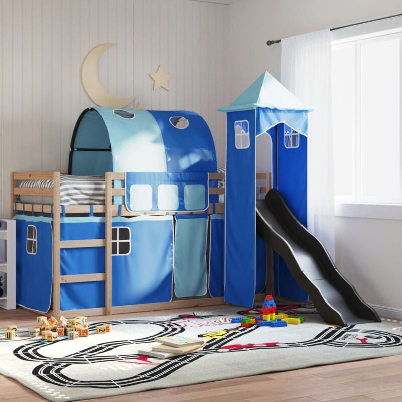 foto del prodotto vidaxl letto a castello con scivolo e tende blu 90x190 cm