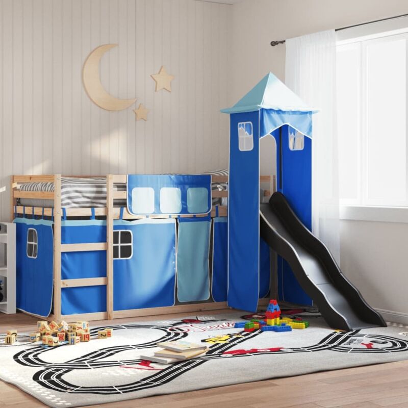 foto del prodotto vidaxl letto a castello con scivolo e tende blu 90x190 cm