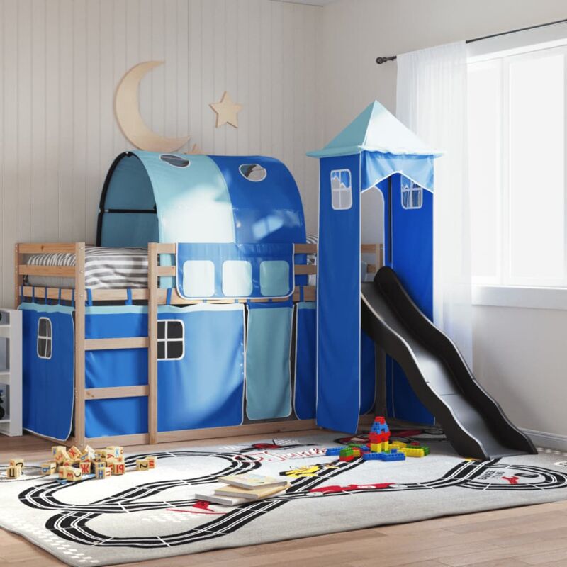 foto del prodotto vidaxl letto a castello con scivolo e tende blu 90x200 cm