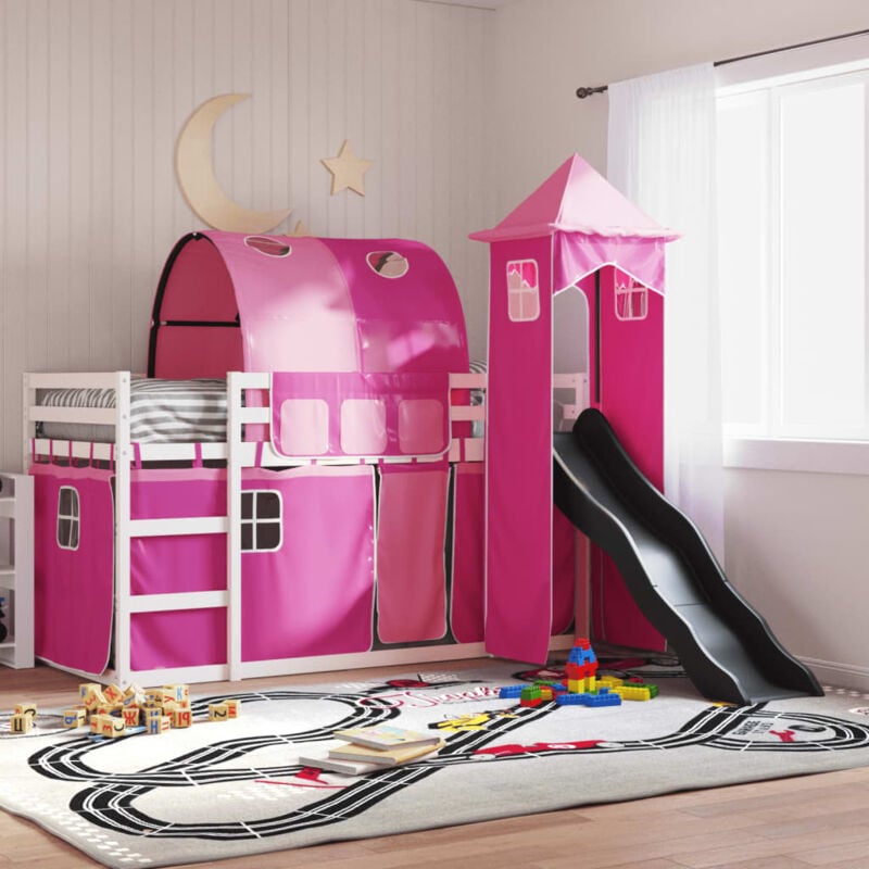 foto del prodotto vidaxl letto a castello con scivolo e tende rosa 90x190 cm