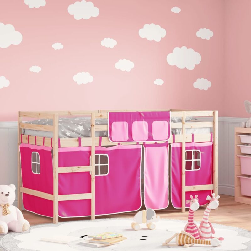 foto del prodotto vidaxl letto a soppalco con tende bambini rosa 80x200 cm massello pino