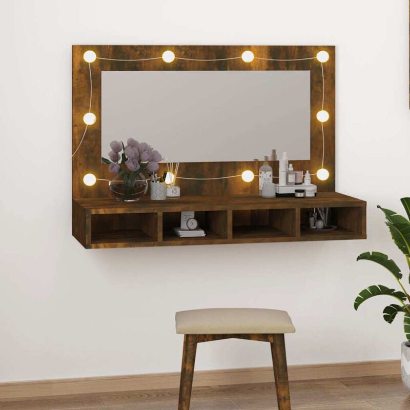 foto del prodotto vidaxl mobile a specchio con led rovere fumo 90x31,5x62 cm