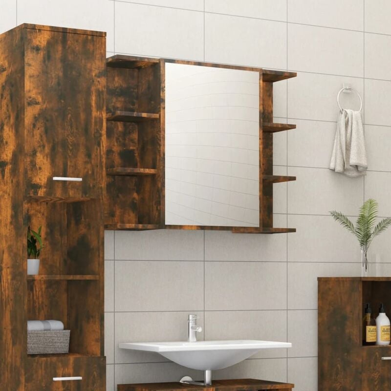 foto del prodotto vidaxl mobile bagno con anta dotata di specchio e ripiani laterali vari colori colore marrone fumo