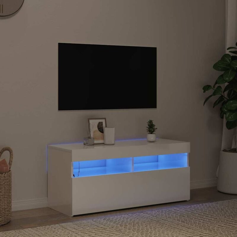foto del prodotto vidaxl mobile porta tv con luci led bianco lucido 90x35x40 cm