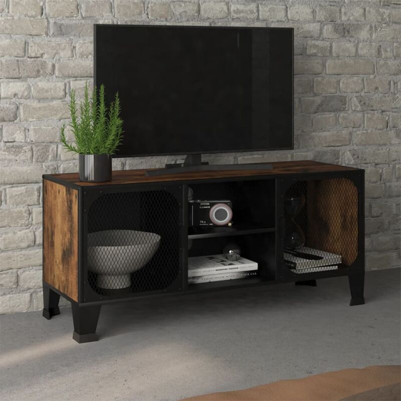 foto del prodotto vidaxl mobile porta tv rustico 105x36x47 cm in metallo e legno con 2 ante laterali colore marrone rustico
