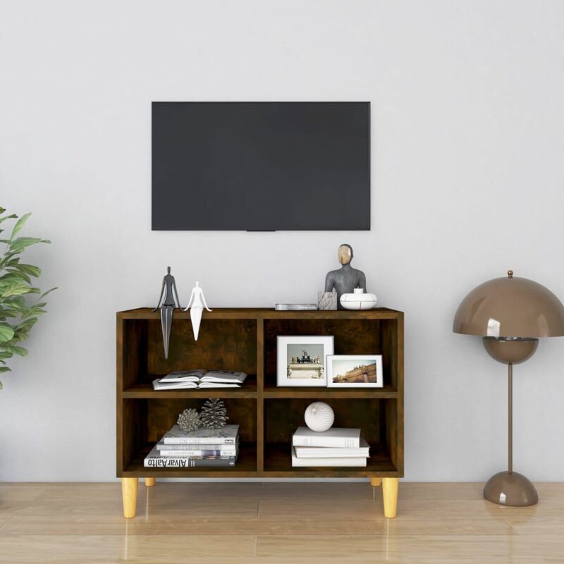 foto del prodotto vidaxl mobile tv con gambe in legno massello rovere fumo 69,5x30x50 cm