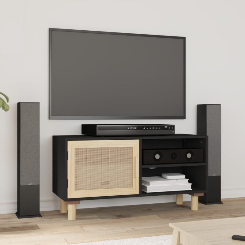 foto del prodotto vidaxl mobile tv nero 80x30x40 cm massello pino e rattan naturale