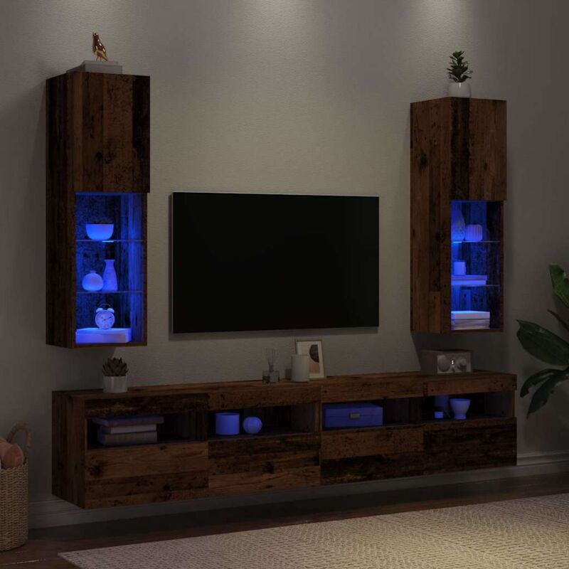 foto del prodotto vidaxl mobili porta tv con luci led 2 pz legno antico 30,5x30x102 cm