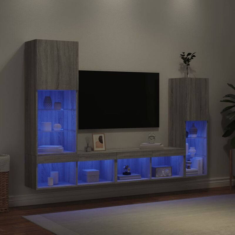 foto del prodotto vidaxl mobili tv a muro con led 4pz grigio sonoma in legno multistrato