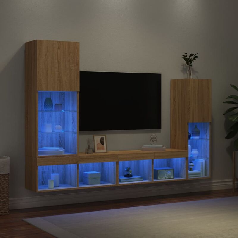 foto del prodotto vidaxl mobili tv a muro con led 4pz rovere sonoma legno multistrato