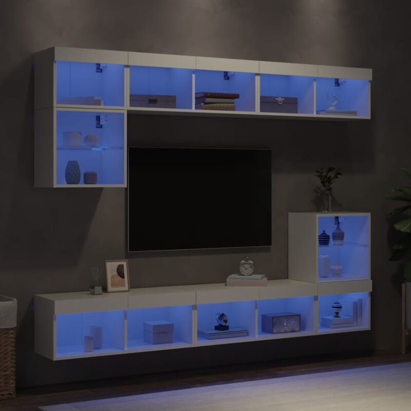 foto del prodotto vidaxl mobili tv a muro con led 8pz bianchi in legno multistrato