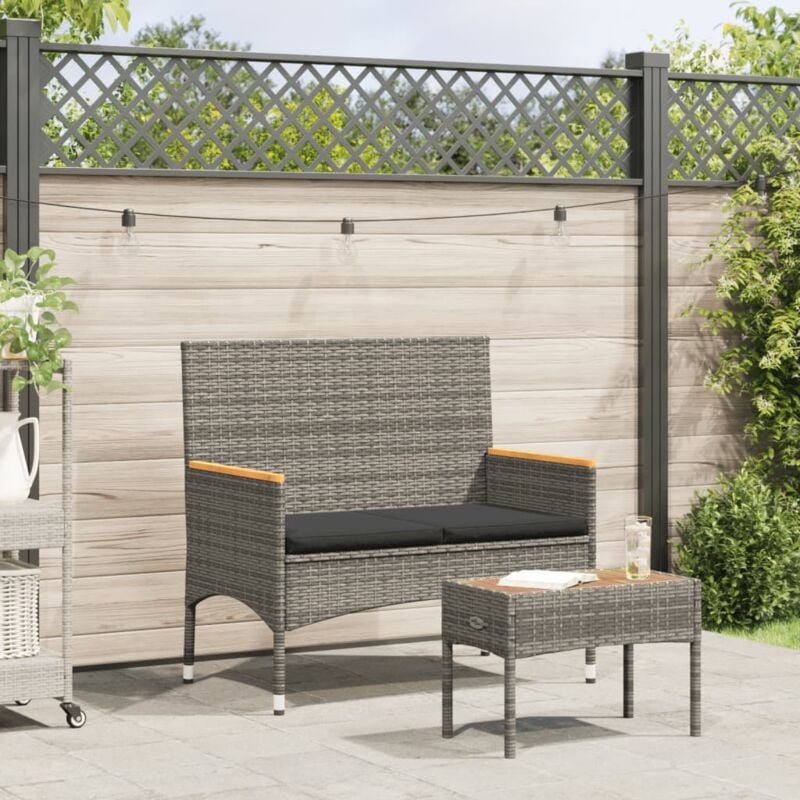 foto del prodotto vidaxl panca da giardino a 2 posti cuscini e tavolo grigia polyrattan