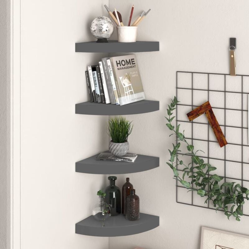 foto del prodotto vidaxl scaffali angolari a parete 4 pz grigio lucido 25x25x3,8 cm mdf