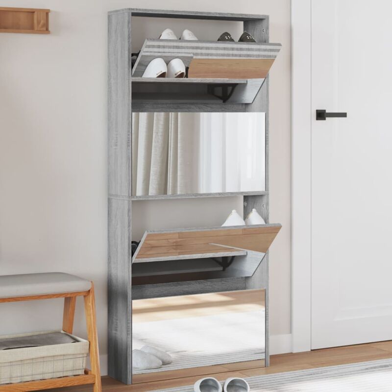 foto del prodotto vidaxl scarpiera con specchio a 4 livelli grigio sonoma 63x17x134 cm
