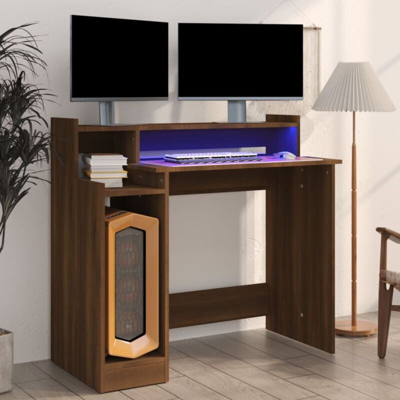 foto del prodotto vidaxl scrivania con luci led marrone rovere 97x45x90cm in multistrato