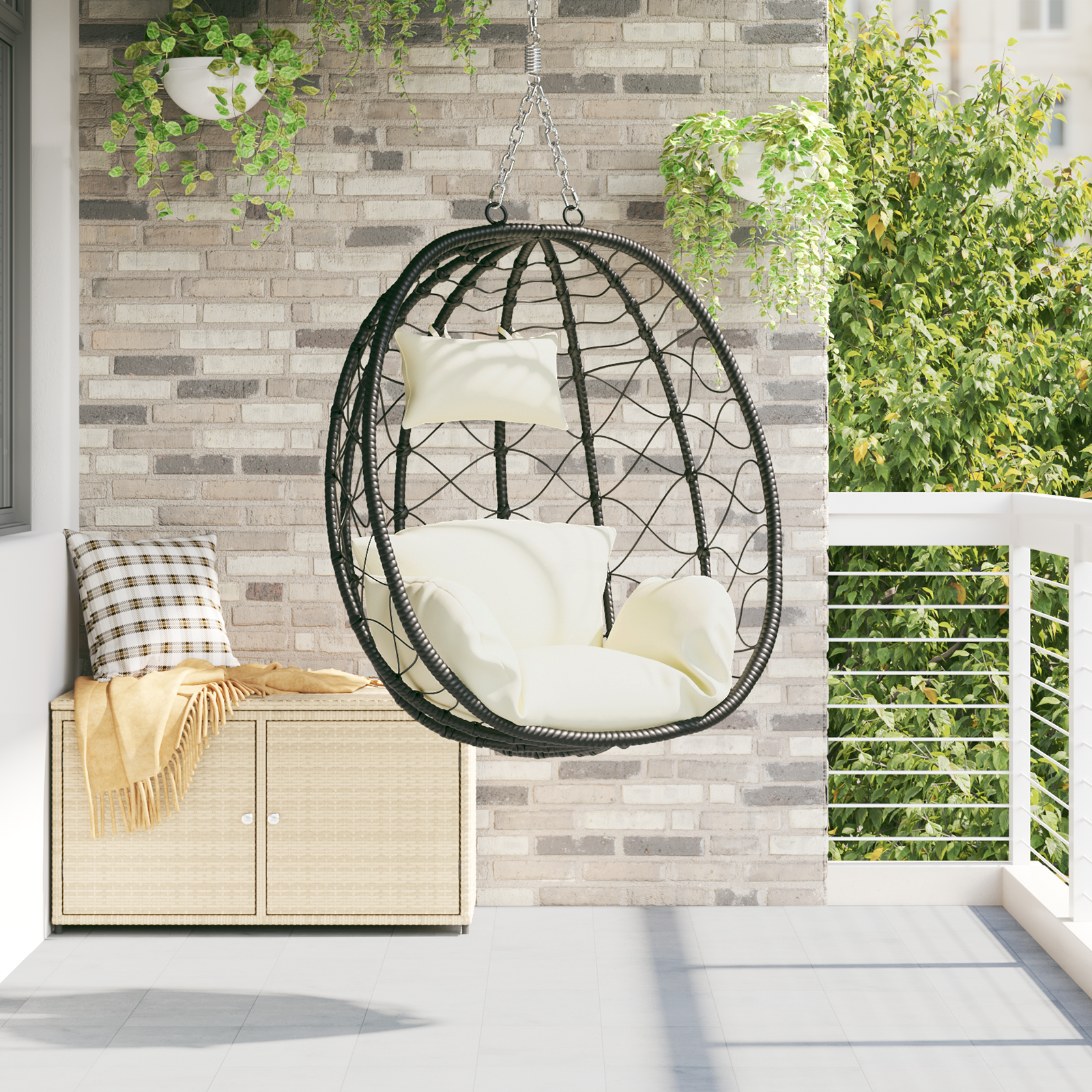 foto del prodotto vidaxl sedia uovo sospesa bianco crema 91.5 x 60 x 110 cm polyrattan
