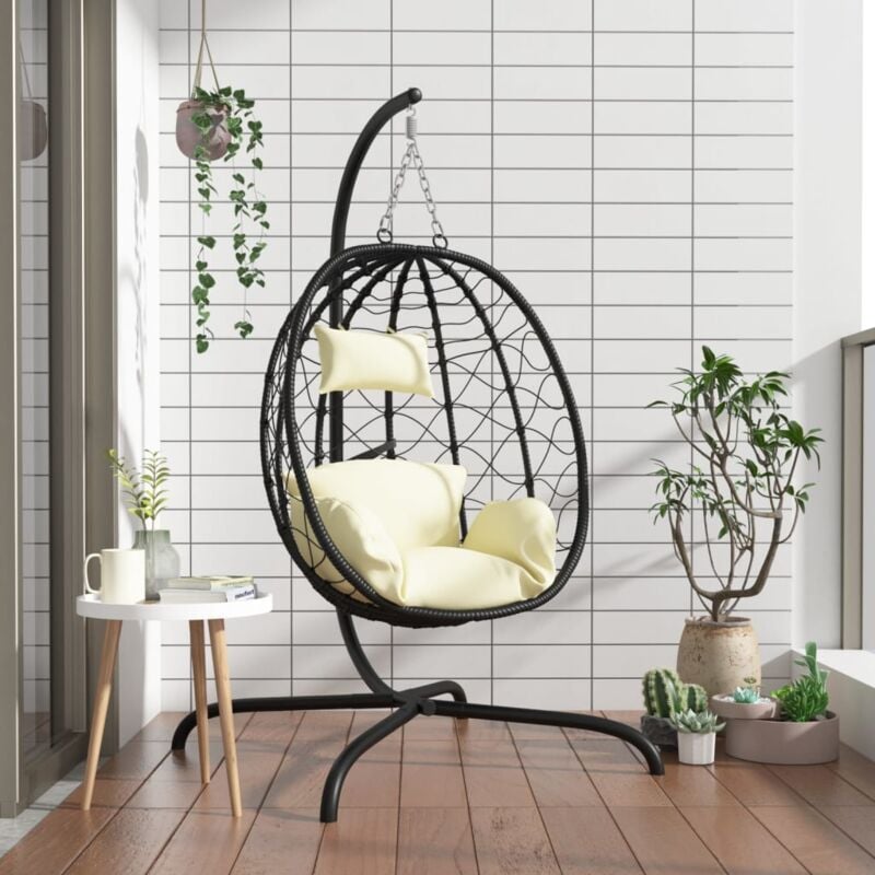 foto del prodotto vidaxl sedia uovo sospesa con cuscino bianco crema polyrattan acciaio