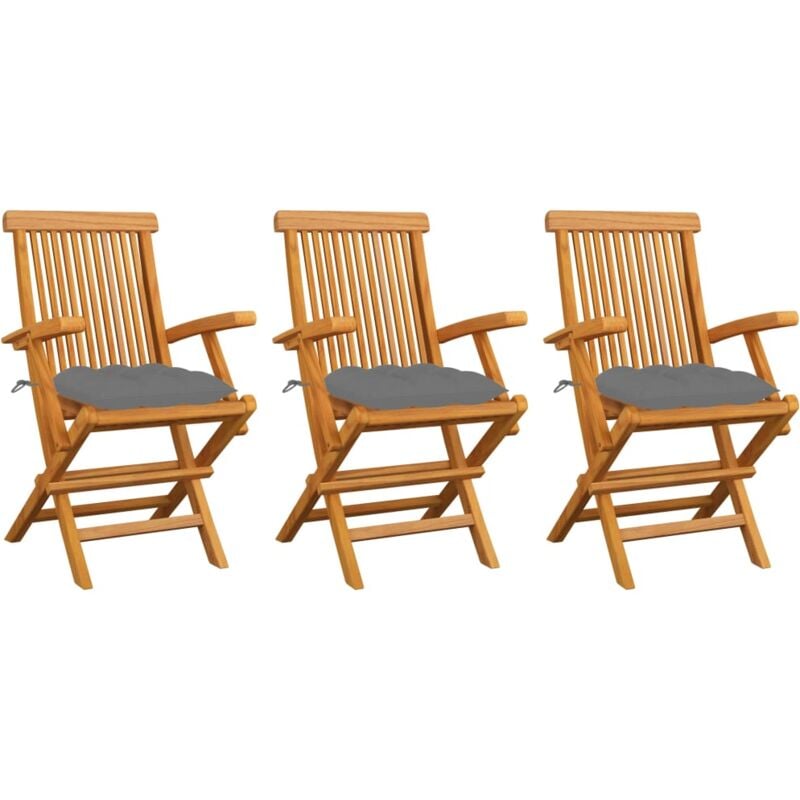 foto del prodotto vidaxl sedie da giardino con cuscini grigi 3pz legno massello di teak