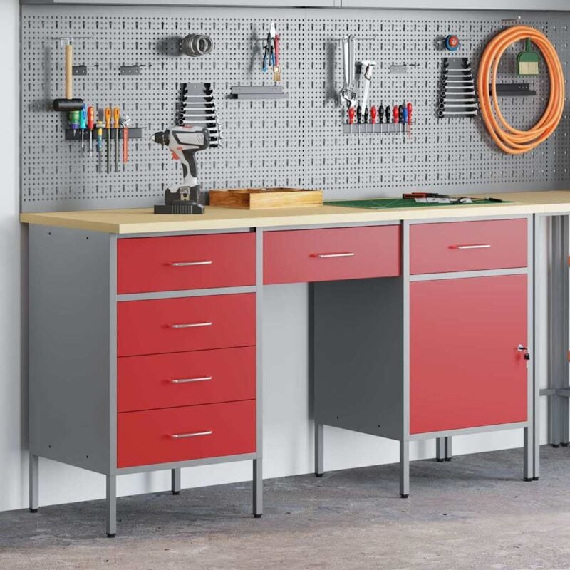 foto del prodotto vidaxl set armadio e tavolo da lavoro 3 pezzi rosso in legno ingegnerizzato e acciaio