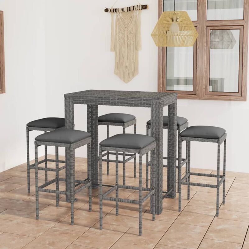 foto del prodotto vidaxl set da bar da giardino 7 pz con cuscini in polyrattan grigio