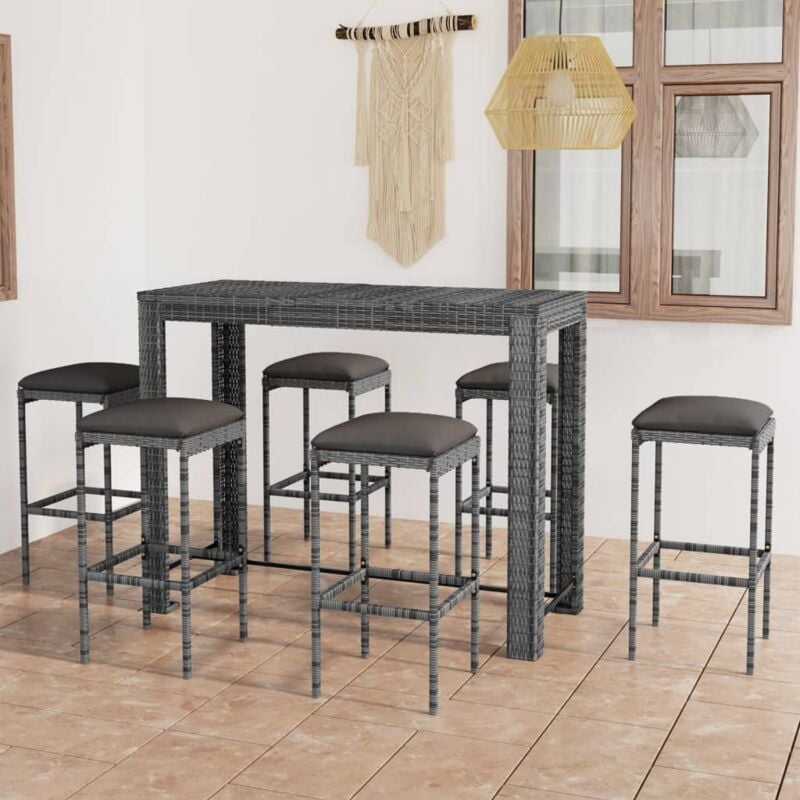 foto del prodotto vidaxl set da bar da giardino 7 pz con cuscini in polyrattan grigio