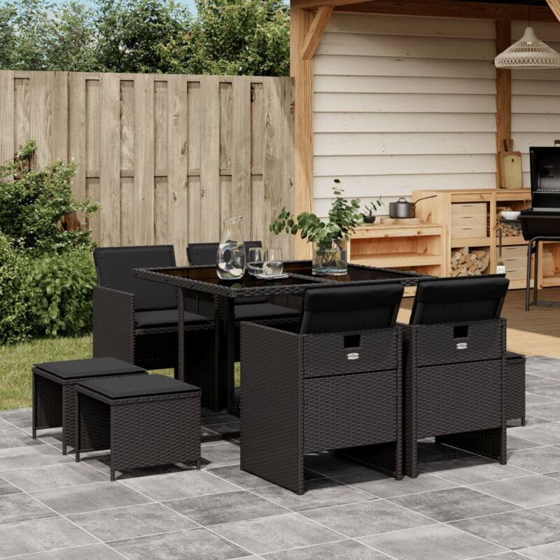 foto del prodotto vidaxl set da pranzo da giardino 9 pz con cuscini nero in polyrattan