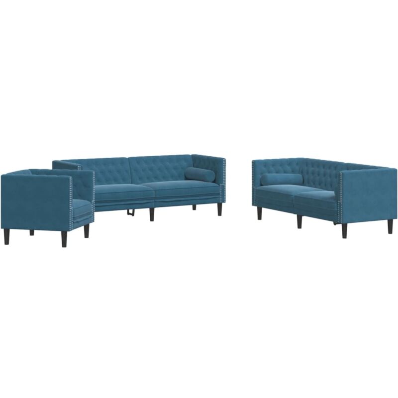 foto del prodotto vidaxl set divani chesterfield 3pz con cuscini blu velluto