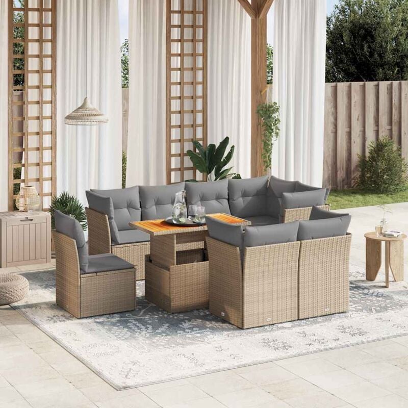 immagine 0 del prodotto vidaxl set divano da giardino 9 pz con cuscini beige in polyrattan