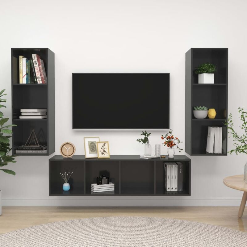 foto del prodotto vidaxl set mobile tv 3 pz grigio lucido in truciolato 642570