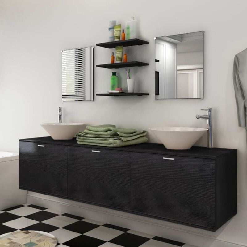 foto del prodotto vidaxl set mobili da bagno con armadio a 3 ante 2 mensole lavabi specchi vari colori colore nero