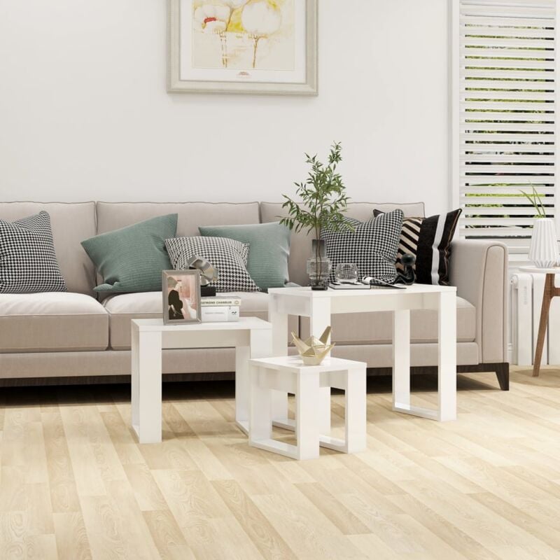 foto del prodotto vidaxl tavolini impilabili 3 pz bianco lucido in legno multistrato