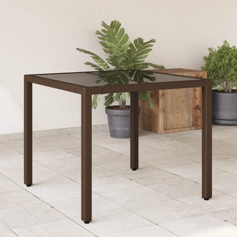 foto del prodotto vidaxl tavolo da giardino piano in vetro marrone 90x90x75cm polyrattan