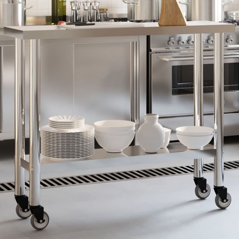foto del prodotto vidaxl tavolo da lavoro cucina con ruote 110x30x85 cm in acciaio inox