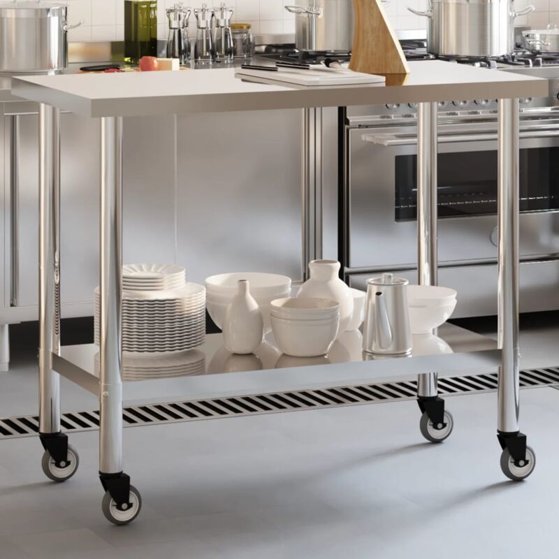 foto del prodotto vidaxl tavolo da lavoro cucina con ruote 110x55x85 cm in acciaio inox