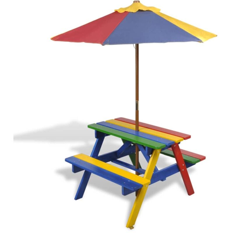foto del prodotto vidaxl tavolo e panchine per bambini con parasole legno multicolore