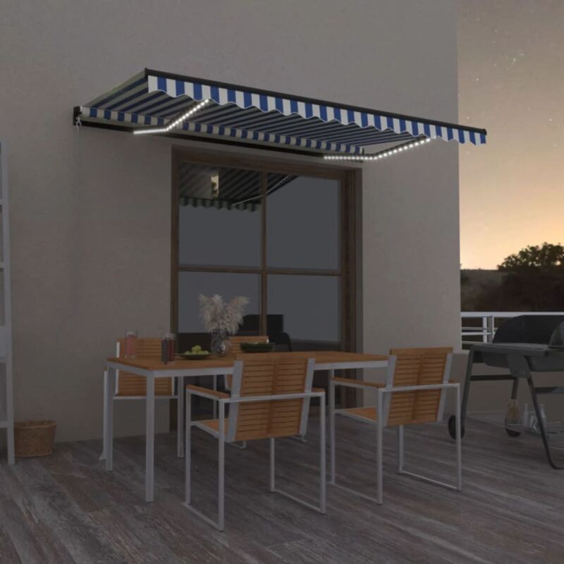 foto del prodotto vidaxl - tenda da sole retrattile manuale con led 400x350 cm blu bianco