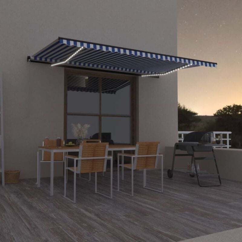 foto del prodotto vidaxl tenda da sole retrattile manuale con led 500x300cm blu e bianco