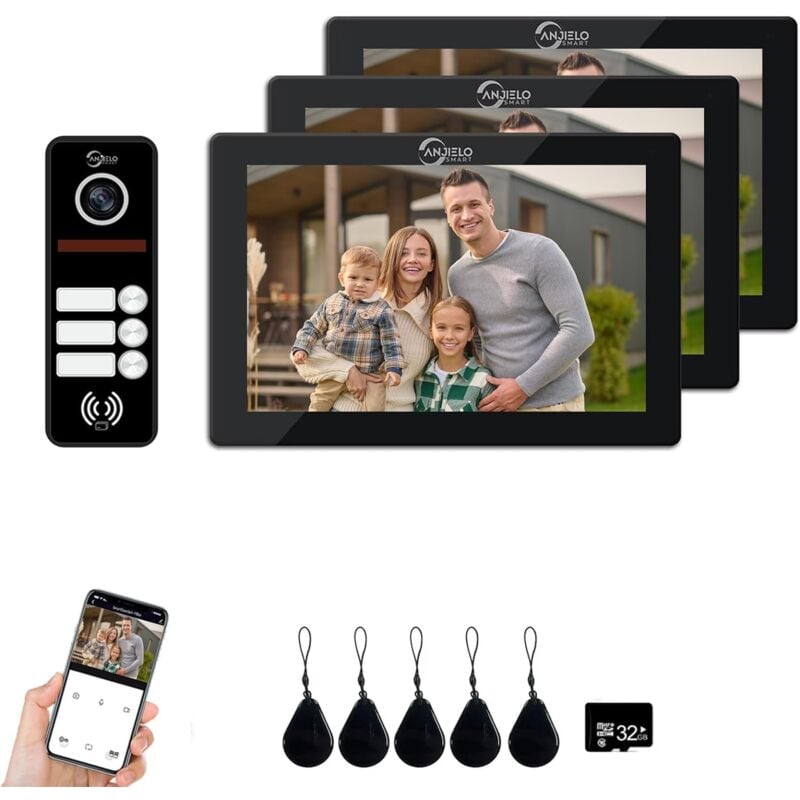 foto del prodotto videocitofono 1080p campanello cablato , campanello per 3 famiglie, touch screen da 7 pollici, sbloccabile, citofono bidirezionale nero 