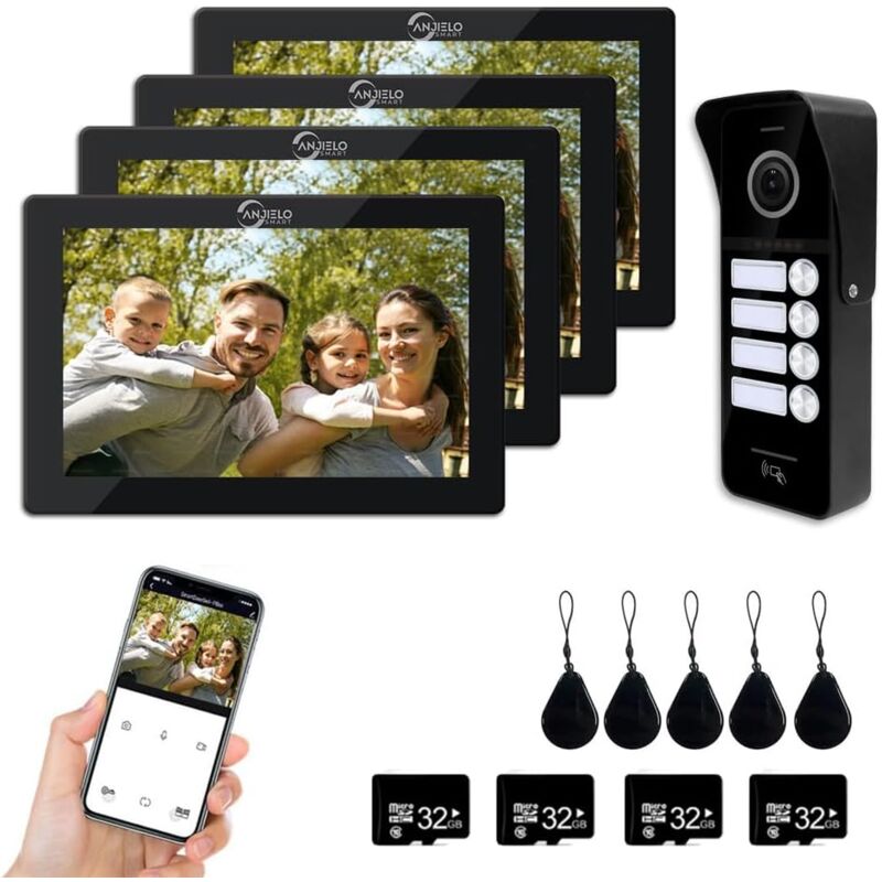 foto del prodotto videocitofono 1080p campanello cablato , campanello per 4 famiglie, touch screen da 7 pollici, sbloccabile, citofono bidirezionale nero 
