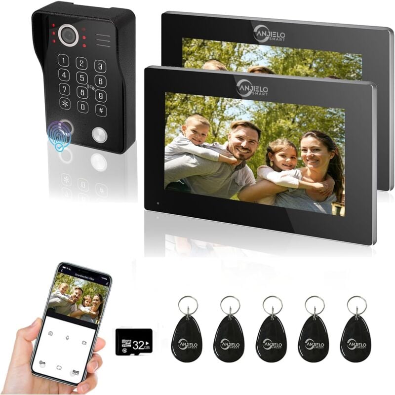 foto del prodotto videocitofono 2 unit , touch screen da 7 pollici con sistema di campanello cablato 1080p, supporto impronta digitale, scheda rfid, password,