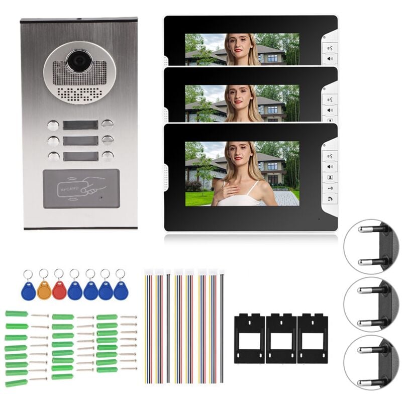 foto del prodotto videocitofono da 7 pollici, 3 monitor, sistema interfonico intelligente, campanello con visione notturna rfid, 100 240 v ue 