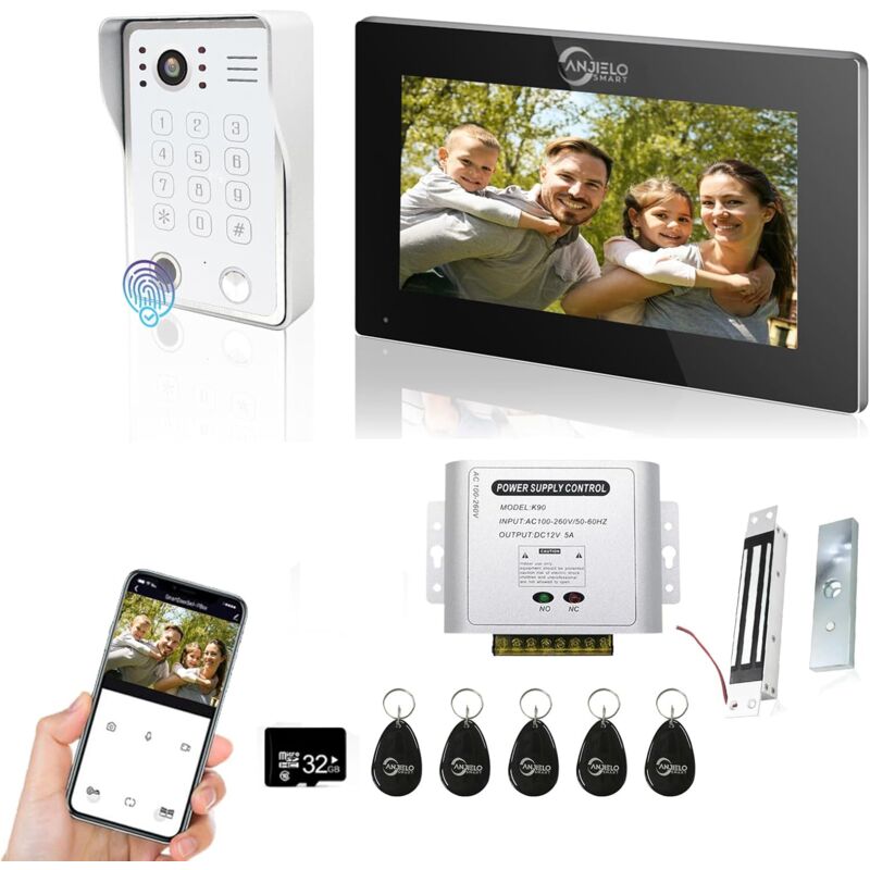 foto del prodotto videocitofono touch screen da 7 pollici con sistema di campanello cablato 1080p, supporto impronta digitale, scheda rfid, password, con serratura