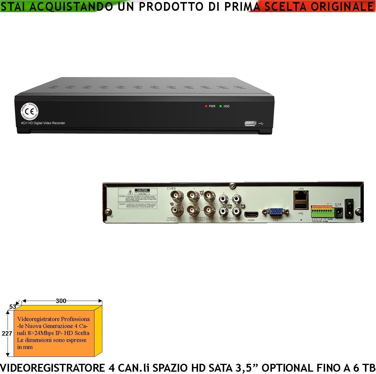 foto del prodotto videoregistratore multicontrollo 4 canali audio video 5mpx 2 ip statico e dinamico spazio per hdd sata 3.5 non compreso rileva movimenti da allarme attiva dissuasori connessi alimentazione 12 vcc