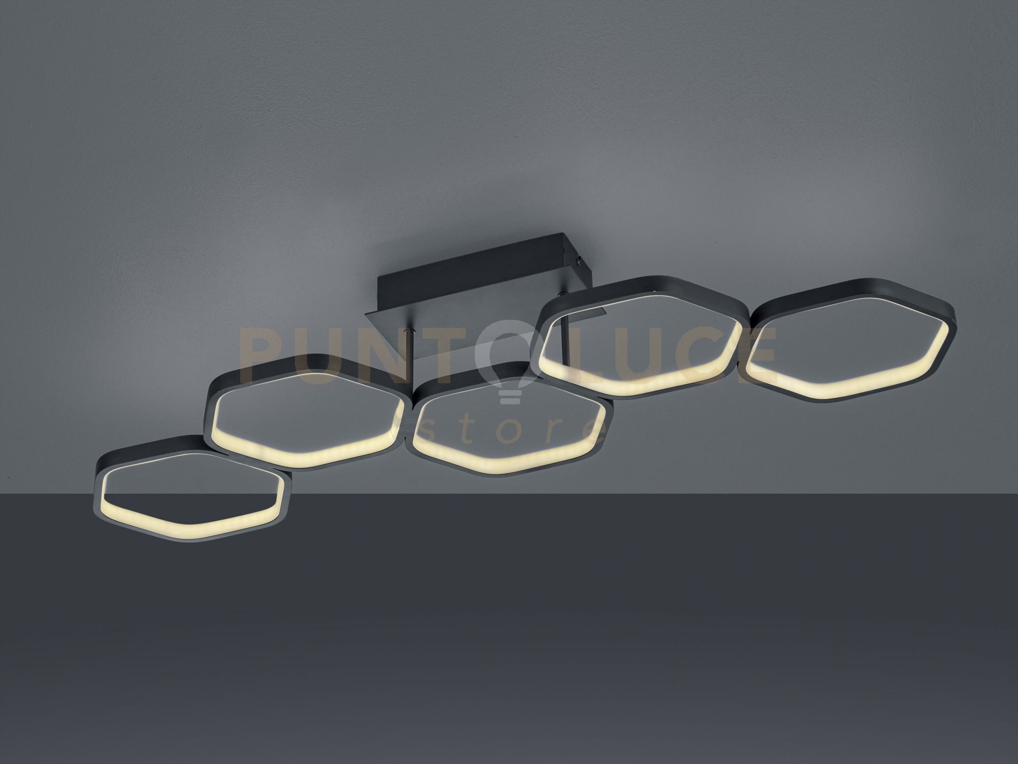 foto del prodotto vigo plafoniera led 24w 2800lm, 3000k 5 esagoni antracite con regolazione intensita con interruttore l.90cm