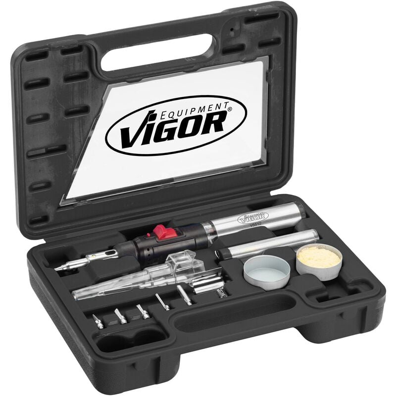 foto del prodotto vigor hazet set di saldatori a gas v5512 i 7 diversi adattatori i combina saldatore, torcia e pistola ad aria calda i 12 pezzi singoli