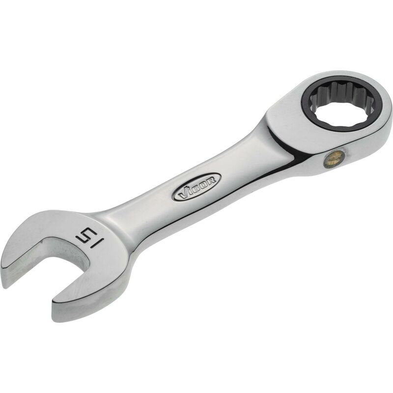 foto del prodotto vigor ratcheting combination wrench short v2829 profilo esagonale esterno, profilo a doppio esagono esterno size 15 mm