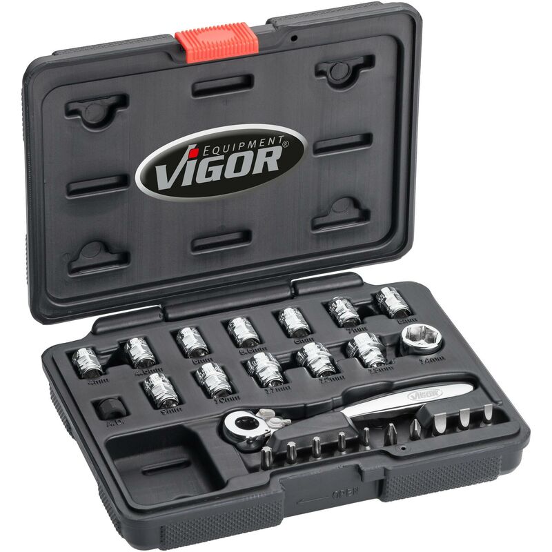 foto del prodotto vigor socket set super flat v5202 attacco quadro, cavo, 1 4 di pollice 6,3 mm profilo esagonale esterno 4 14 numero utensili 25