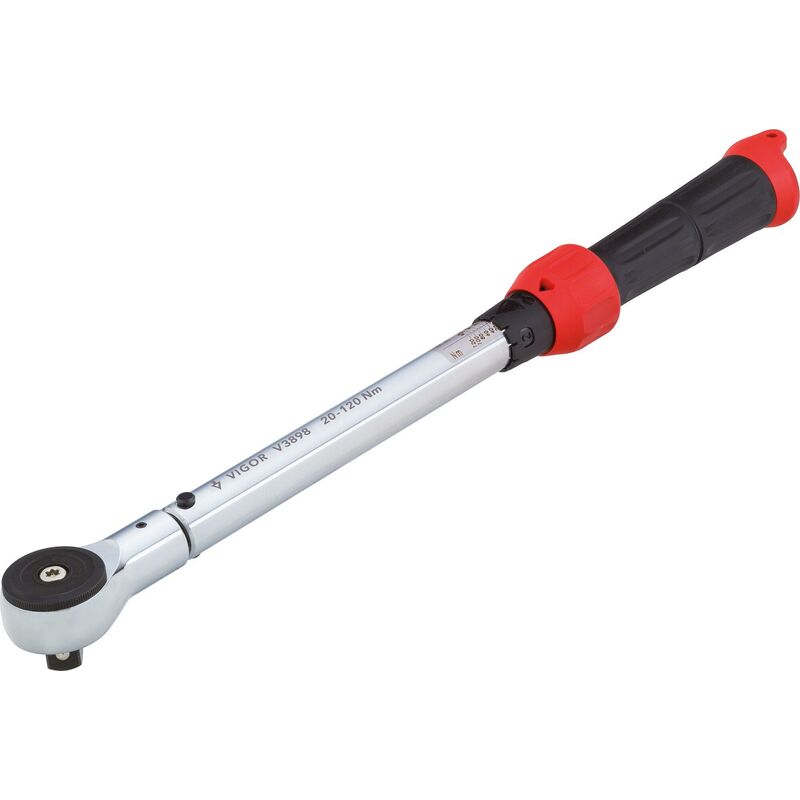 foto del prodotto vigor torque wrench v3898 campo di coppia min max 20 120 nm precisione 4 attacco quadro, massiccio, 1 2 di pollice 12,5 mm 445 mm