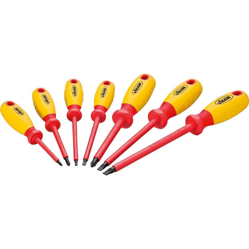 foto del prodotto vigor vde screwdriver set v2027 profilo ad intaglio, profilo intaglio a croce ph 0.5 x 3 1.2 x 6.5 ph0 ph2 numero utensili 7